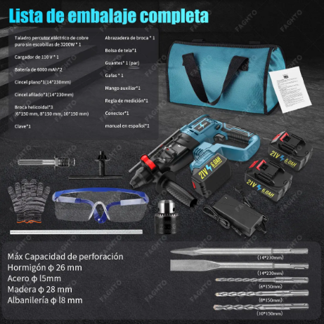 Taladro Rotomartillo Inalambrico 3200W